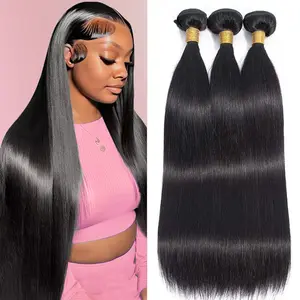 Beafay 12A Straight Human Hair Bundles Brazilian 3/4 Bundles Deals Unprocessed Virgin Hair Straight Wave Bundles Human Hair Quick Weave Hair Extensions Black Color