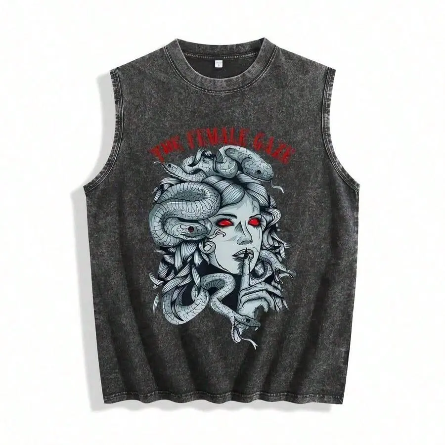 Men's Y2K Vintage Acid Wash Sleeveless Vest - THE FEMALE GAZE ​ Distressed Graphic With Red-Eyed Serpent-Haired Medusa & Finger-To-Lips Silhouette Design, Super Soft & Breathable Grunge Streetwear Gift VS003-A
