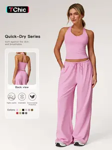 Women's Solid Halter Neck Top & Wide-Leg Pants Sports Set, Casual Sleeveless Top & Pants for Daily Outdoor Wear, Ladies Activewear Set for Tennis and Running, Workout Clothes, Breathable Activewear, Yoga Gym Outfits, Elegant Gym Outfits