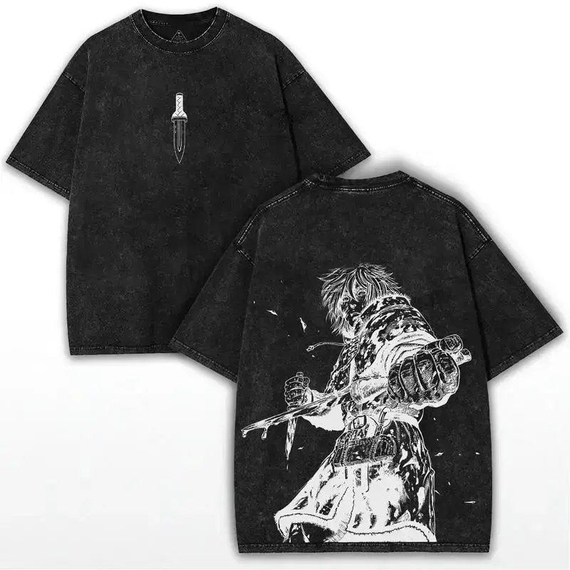Vinland Saga x Anime – Darkcore Warrior Oversized Tee with Bold Back Art Print & Washed Streetwear Drop graphic tee Washed Streetwear Shirt t shirt soft cotton vintage streetwear unisex t-shirt washed tees for Men and Women Black Crewneck