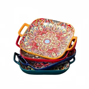 Boho Style Floral Pattern Ceramic Plate Set, Colorful Serving Plate with Handle, Household Tableware for Home Kitchen Dining Room