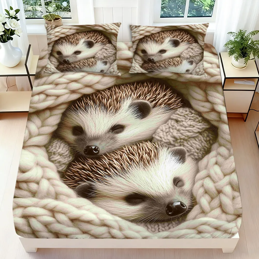 2/3 Pcs 2D Flat Adorable Hedgehog Fitted Sheet Set Hedgehog Bedding Set Quilt Cover 1 Fitted Sheet + 1/2 Pillowcases Cozy Top Sheet Decorative Bedding Bedroom Decor