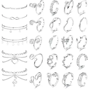 Jstyle Toe Rings and Ankle Bracelets for Women Silver Rose Gold Plated Anklet Toe Rings Cute Layered Anklets Open Tail Rings Adjustable Beach Foot Jewelry for Summer Daily