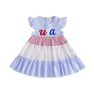 Girls Independence Day Patriotic Dress Flying Sleeve Crew Neck Letter Embroidery Stripe A Line Dress
