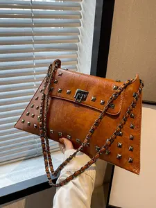 Small, versatile underarm bag with rivet decoration design, retro single shoulder bag, double chain shoulder strap flip bag, Stylish crossbody bags, PU Leather, suitable for commuting and shopping in the mall