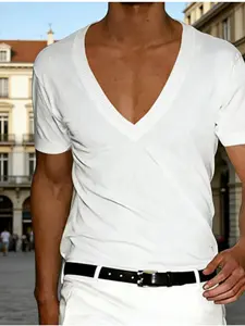 Men's Vertical Striped Deep V Neck T-Shirt, Breathable Slim Fit Knit Short Sleeve Top, Ideal for Sports, Gym, Casual Wear, Summer Daily Use