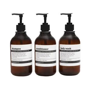 MaisoNovo Refillable Shampoo and Conditioner Bottles | 16.9 fl oz Set of 3 Amber Plastic Bottles Black Pumps