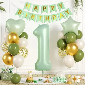1st Birthday Decorations, 40 Inch Sage Green Number 1 Balloon, 18 Inch Foil Heart Star Balloons, Green Gold Balloons, Happy Birthday Banner Set for Baby Boys Girls One Year Old Wild Jungle Party Decor