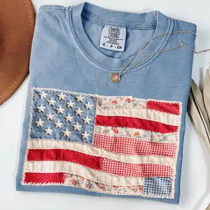[ FAUX PATCHWORK ] Comfort Colors Faux Patchwork American Flag Shirt, 250th Years Patriotic Fourth Of July T-shirt, Vintage Faux Quilted USA Graphic T-shirts