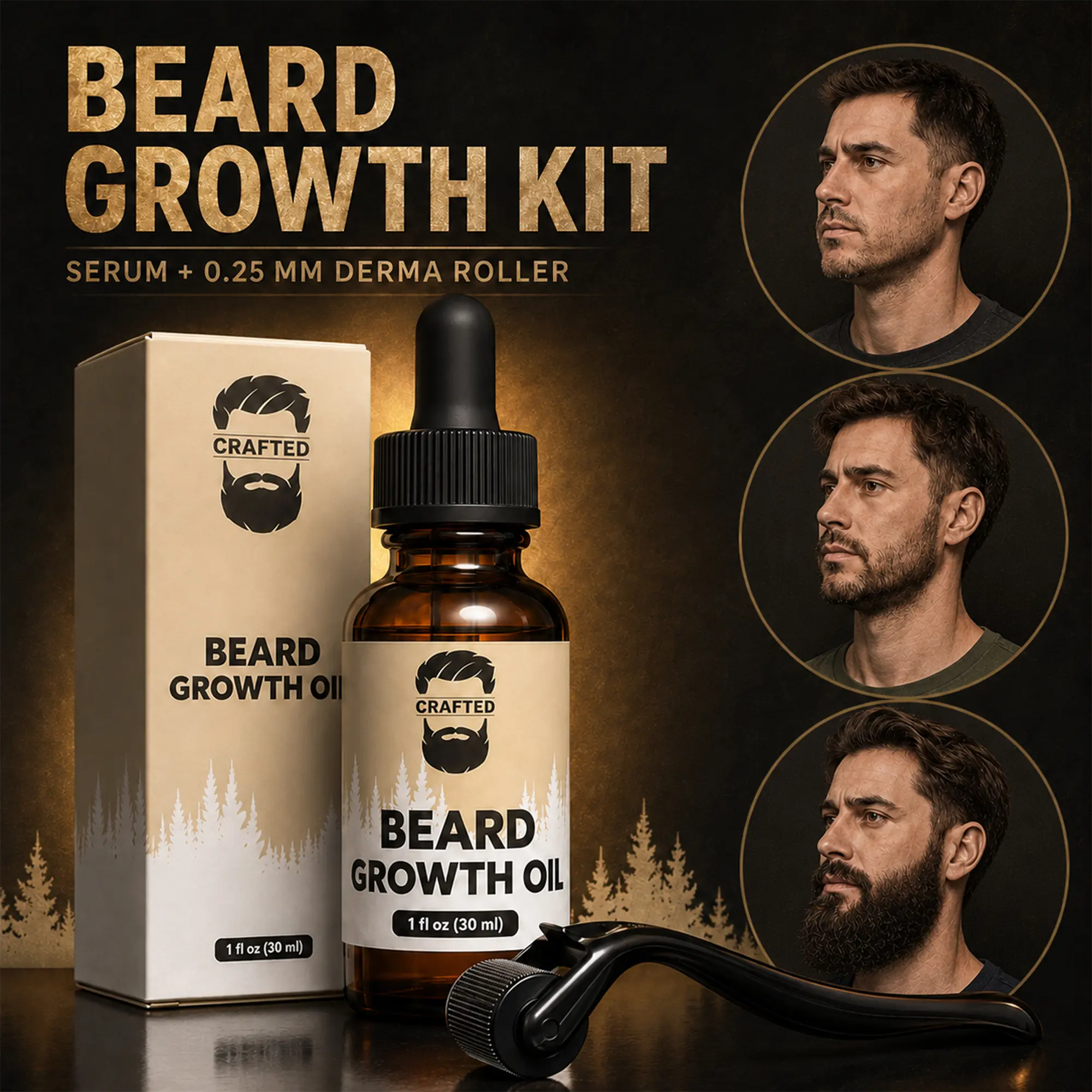 Beard Growth Kit - Grow A Thicker Fuller Beard - Beard Growth Serum - Beard Roller Beard Growth Kit - Grow A Thicker Fuller Beard - Beard Growth Serum - Beard Roller