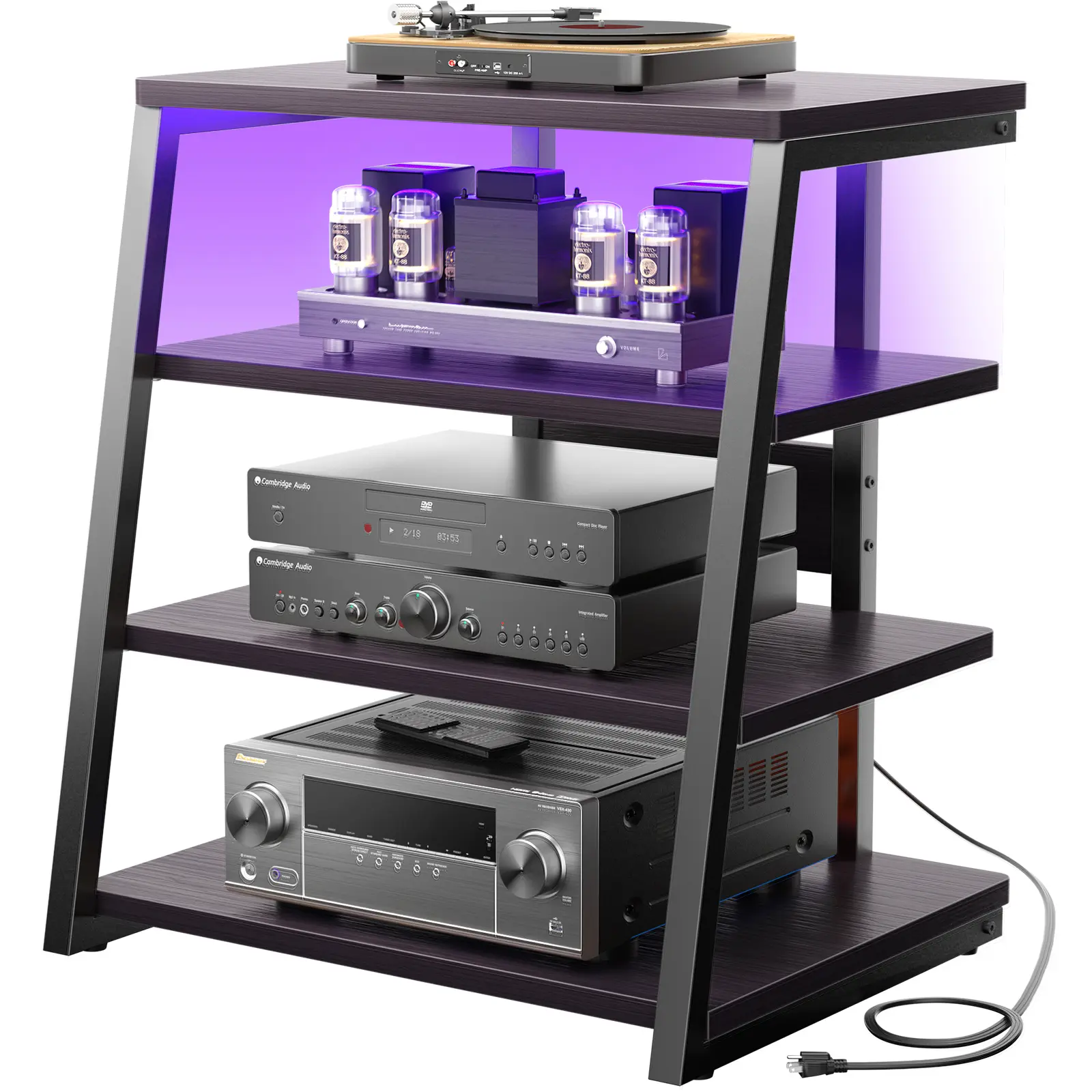 Cyclysio Sturdy 4-Tier MDF+Metal Corner TV Console Table - TV Shelf, Television Stand with Built-in Power Outlets, LED Lights, Adjustable Shelves for Indoor AV Media Audio Storage, Built-In Power Outlets Tv Stands & Multimedia Centres