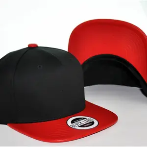 5 Panel Snapback Hat  - Black Crown with Red Faux Leather Wide Flat Brim