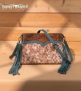 Trinity Ranch Cowhide Leather Crossbody Turquoise Handbag with Fringes and Turquoise Trim