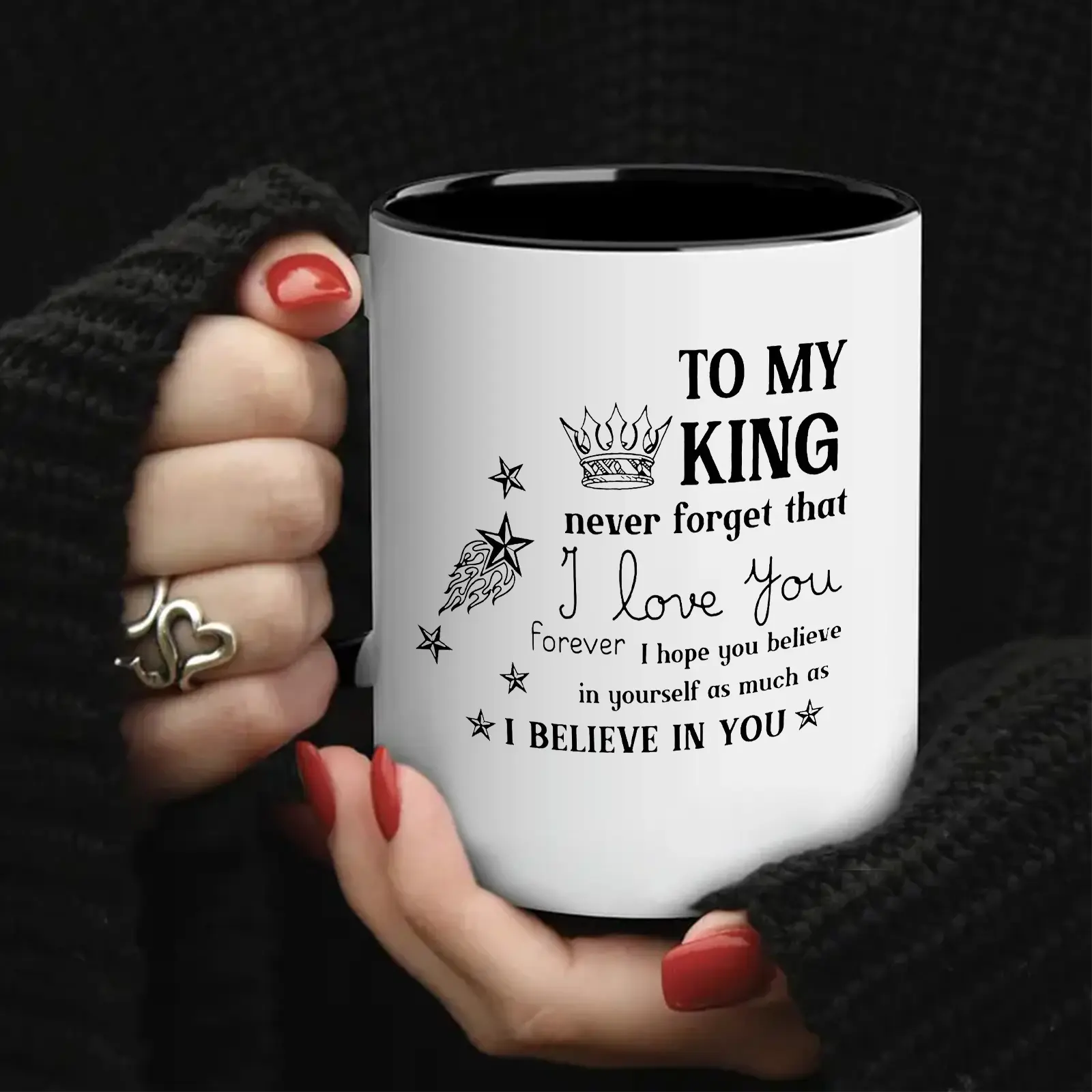 1pc to My King Ceramic Coffee Mug - Inspirational Quote & Crown Design, White with Black Lettering, Heartfelt Gift for Boyfriend Husband, Birthday Holiday Anniversary Present, Everyday Use Cup, Believe In Yourself Mug |   Motivational Drinkware |   Striki