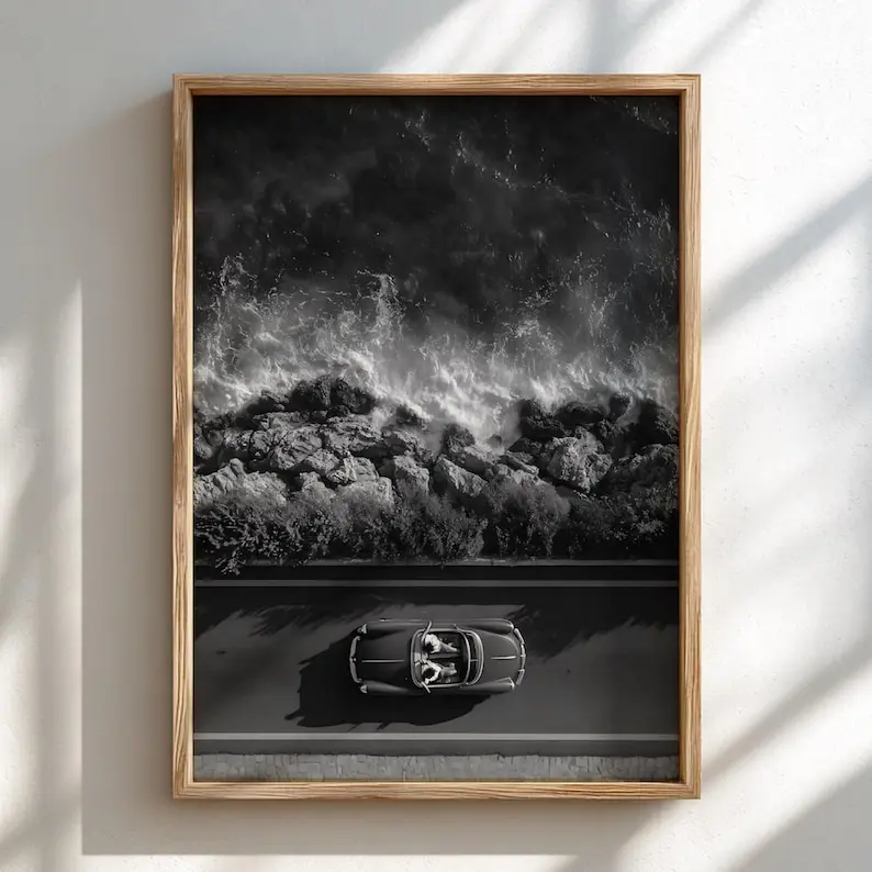 [Sale Up to 60% Off][Free Shipping][No Frame] Red Convertible Coastal Drive Poster | Black and White Photography Print | Vintage Car Wall Art | Retro Summer Lifestyle Decor