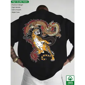 Men'S And Women'S Dragon Tiger Yin Yang Design T-Shirt |   Red And Black Asian Style Tee - Heavy Crew Neck - Comfortable Breathable Streetwear Top, Ideal for Martial Arts And Anime Fans - Perfect for Chinese Culture Lovers, Casual Attire, Plus Size