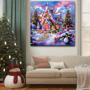 Large Unframed Round Diamond Painting Kit, 5D Acrylic Gem Art for Beginners, Festive Gingerbread House Home Decor