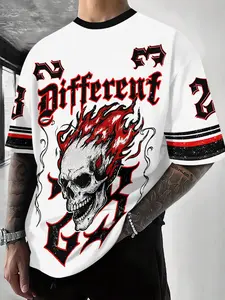 Men's 3D Print T-Shirt, Dark Punk Background Flame Skull Design, Breathable Polyester Fabric, Casual Outdoor Sports Clothing