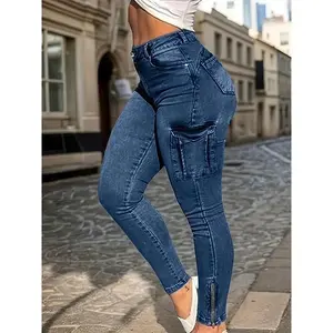 High-Waisted Skinny Jeans with Zipper Hem and Butt-Lifting Design, Multiple Pockets, Women’s Casual Bottom