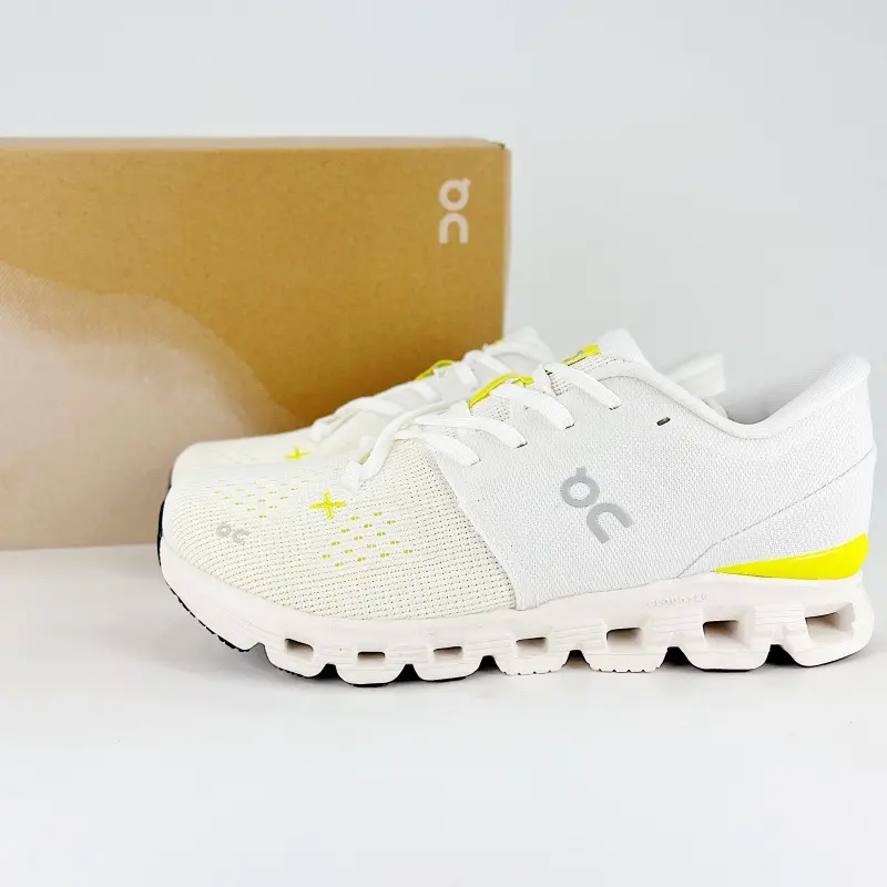 Breathable Engineered Mesh Running Sneakers, Off‑White With Bright Yellow Details, Hollow Cushioned Outsole Lace‑up Athletic Footwear