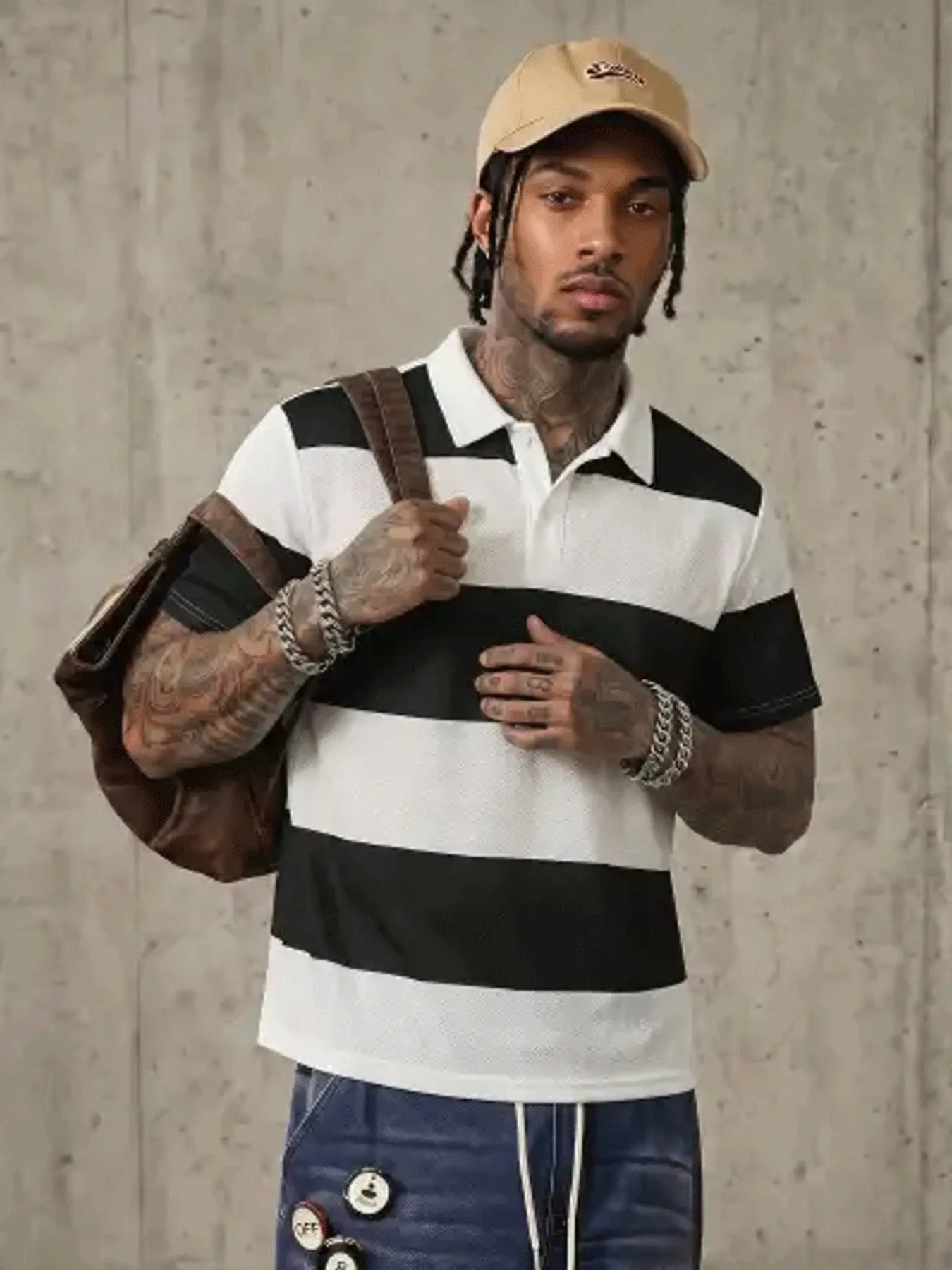 Men's Black & White Wide Stripe Polo Shirt, Streetwear Short Sleeve Pique Knit Top, Retro Preppy Aesthetic & Classic Rugby Design, Versatile Casual Polo for Men