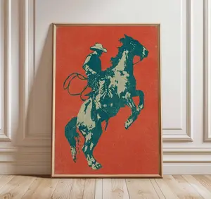 [Sale off up to 50%] [Free ship] [No Frame] Cowboy Poster, Western Wall Art, Rustic Horse Rider Print, Vintage Rodeo Decor, Bold Red Minimal Design, Americana Country Artwork