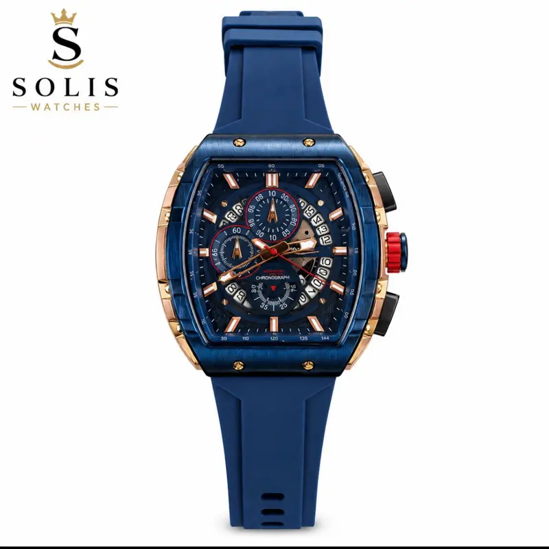 Men’s Luxury Blue Chronograph Watch - Rose Gold Tone - Silicone Strap
