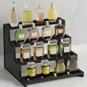 12 Inch 4 Tier Black Display Stand with Decorative Fences for Cologne, Fragrance, Figures, Cupcakes & Perfumes, Versatile Storage for Vanity