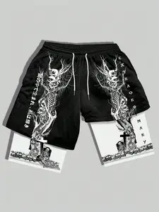Unisex Skull Graveyard Tree Japanese Text Print 2-in-1 Mesh Athletic Casual Shorts | Y2K Gothic Dark Grunge High Street American Retro Streetwear Shorts Active Shorts Streetwear Sports Shorts