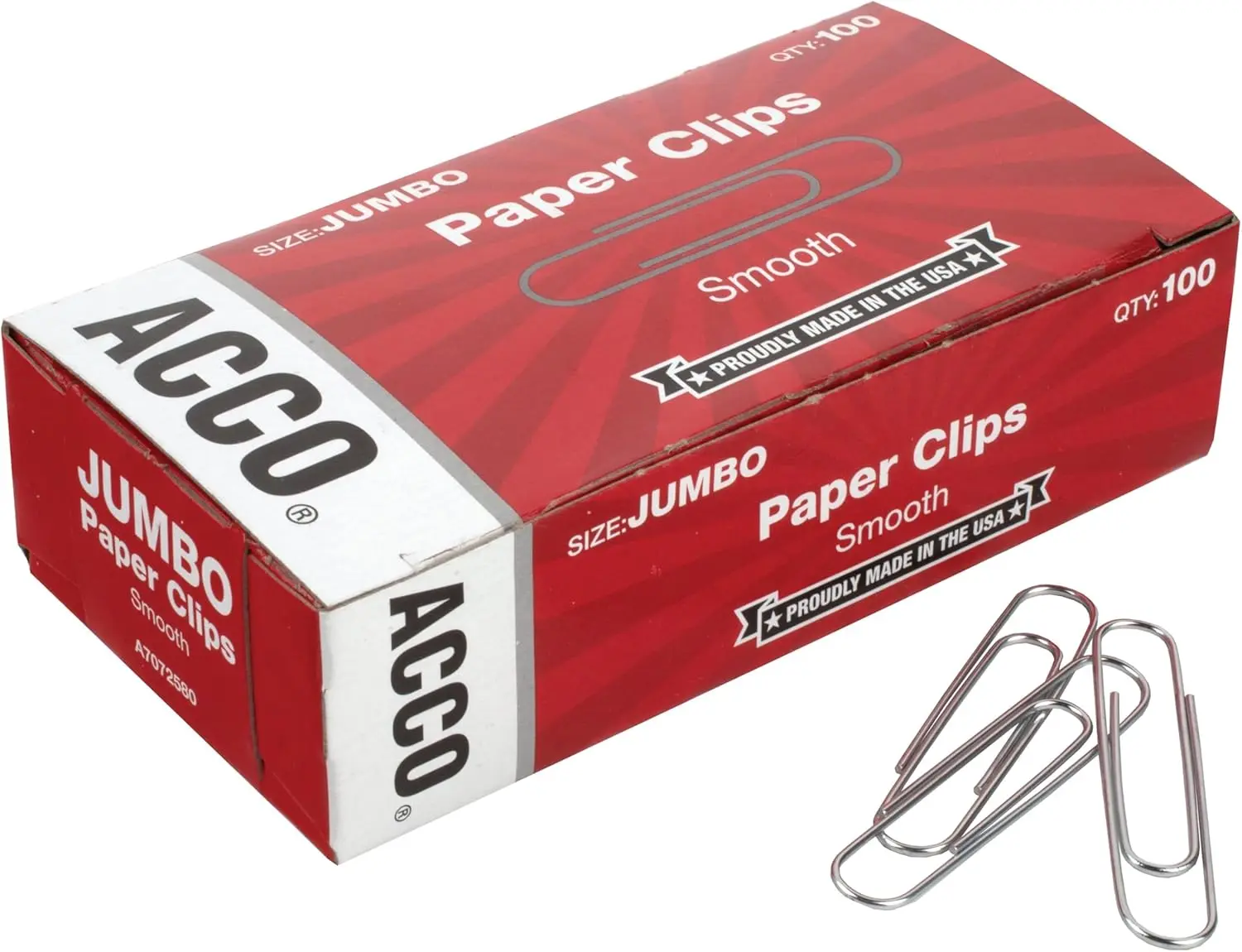 ACCO Jumbo Size Paper Clips - Smooth Finish, Durable, Neat Appearance, High Visibility, 100 per Box, 1 Box (72580) for Home & Office Stationery, Binder Accessories