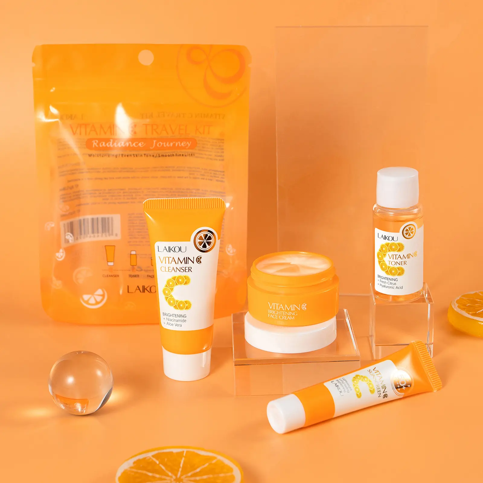 Vitamin C Travel Set, Cleanser, Toner, Sunscreen, Moisturizer, Brightening Antioxidant Protection, SPF Defense, Portable Outdoor Use， face moisturizer for sensitive skin, outdoor protection, portable skincare