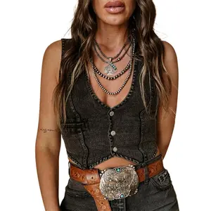Women's Summer Denim Tank Tops Solid Color Sleeveless V-Neck Button FrontVest Fashion Waistcoat