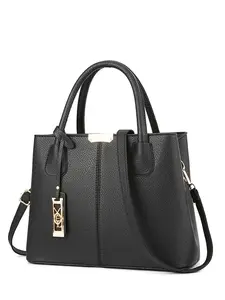 Women’s black leather tote handbag, 2-in-1 top handle satchel and crossbody shoulder bag, large-capacity work purse with gold hardware, multi pockets for office, school, and casual use