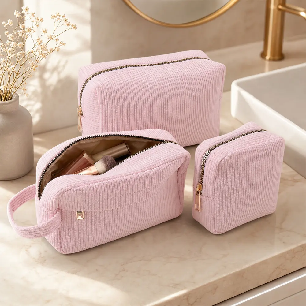 3pcs Corduroy Makeup Bag Set for Women - Cute Solid Travel Toiletry Organizer Durable Corduroy, Brush And Cosmetic Storage - Ideal Gift for Christmas, Birthdays, (Pink)