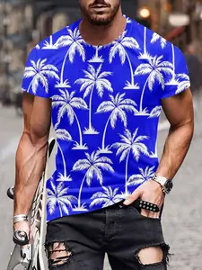 Men's Summer Vacation Casual 3D Palm Tree Print T-Shirt, Lightweight Polyester, Dynamic Color Design, Beach Essential
