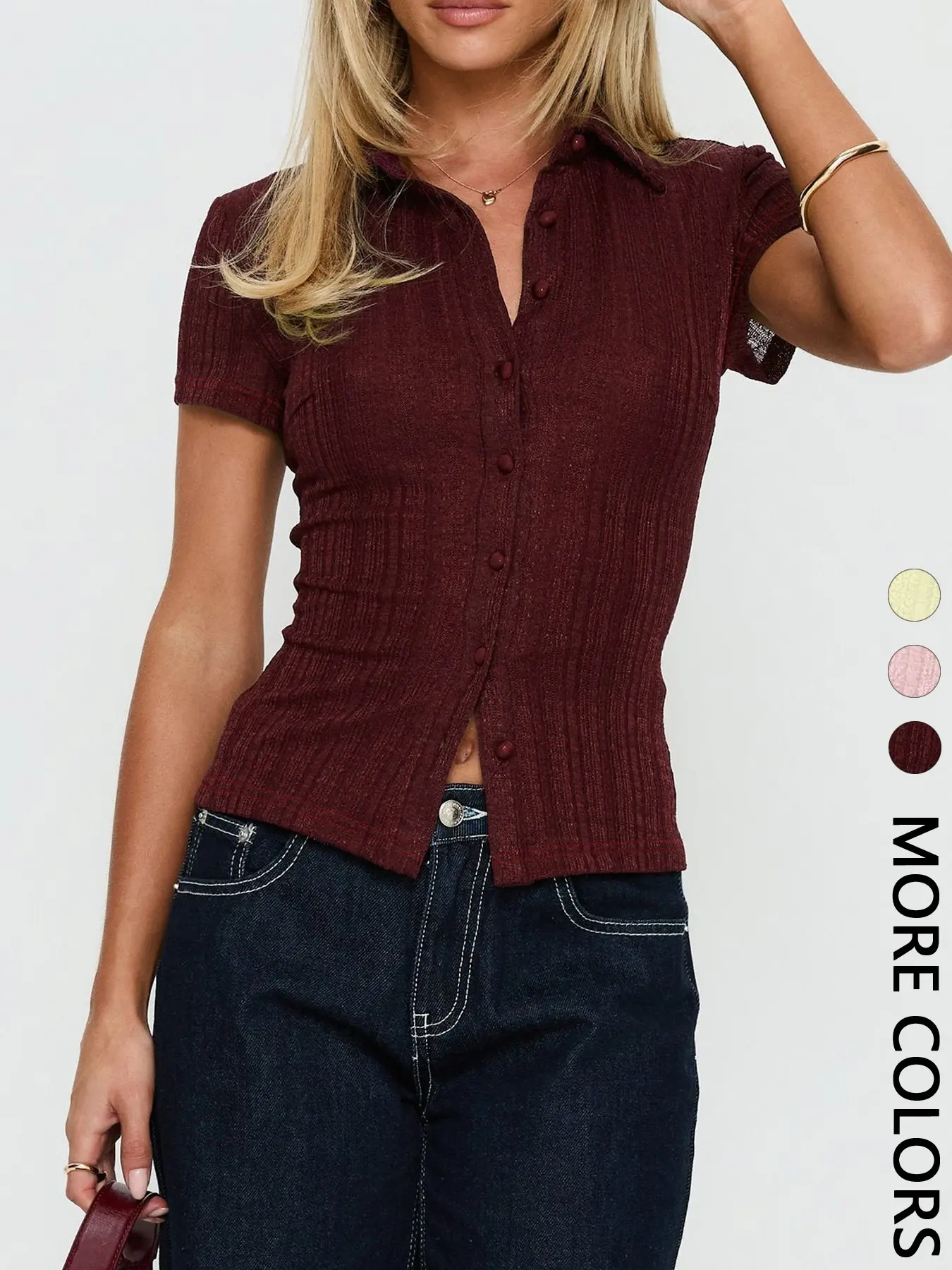 Women's Summer Casual Fashion Chic Button Short Sleeve Ribbed Slim Fit T-Shirt Top, Daily Wear, Plain Pattern, Versatile Style, Perfect for Everyday Use