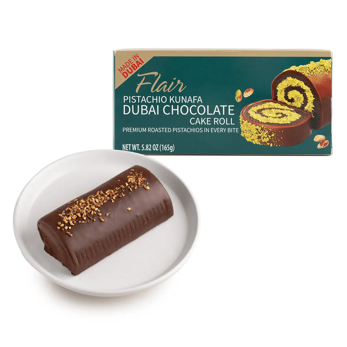 Flair Crunchy Sweet Pistachio Kunafa Chocolate Cake Roll - Dubai-Made Flavor Baked Snack Cake, Convenient Gourmet Treat (165g), Dubai Chocolate Flair Crunchy Sweet Pistachio Kunafa Chocolate Cake Roll - Dubai-Made Flavor Baked Snack Cake, Convenient Gourmet Treat (165g), Dubai Chocolate