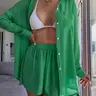 Women's Solid Fabric Button Front Pocket Sheer Cover Up Shirt & Shorts Set, Casual Baggy Drop Shoulder Long Sleeve Top & Shorts for Beach Vacation Outdoor, Ladies Summer Swimwear Clothes