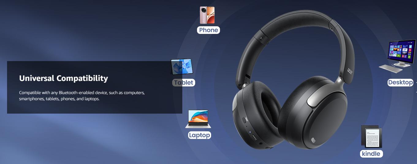 Acer OHR516 Active Noise Cancelling Headphones, Over Ear Wireless Bluetooth, 60H Playtime, 40mm Drivers, Low-Latency Mode, ENC Clear Calls, Foldable Comfortable Design Acer OHR516 Active Noise Cancelling Headphones, Over Ear Wireless Bluetooth, 60H Playtime, 40mm Drivers, Low-Latency Mode, ENC Clear Calls, Foldable Comfortable Design