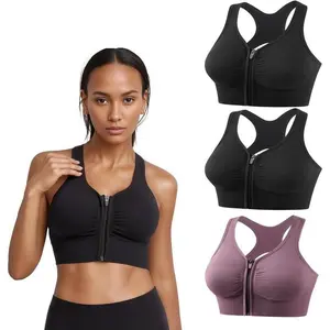 Women's Zip Front Sports Bras 3 Pack Seamless Wirefree Post Surgery Zipper Padded Racerback Workout Gym Yoga Bra