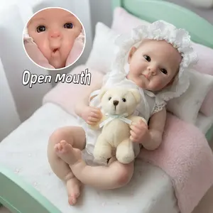 13 Inch Bettie Can Open Mouth Full Body Solid Silicone Reborn Girl Doll With Handmade Painted Skin And White Outfits Soft Touch Feeling Waterproof Lifelike Newborn Girl Doll Toys For Family‘s Gift