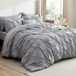 7 Piece Grey Queen Bed in a Bag, Pintuck Pinch Pleat All Season Comforter Set, Soft Complete Bedding with Sheets, Pillowcases and Shams, Ideal for Gifting