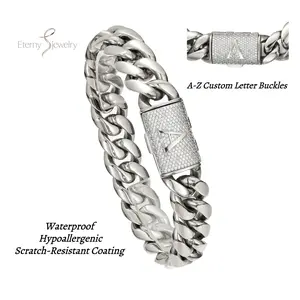 14mm Heavy Chain Silver Stainless Steel Cuban Link Bracelet with Diamond-Cut A–Z Initial Letters Stainless Clasp Gothic Punk Hip Hop Style, Personalized Modern Gift for Him Women