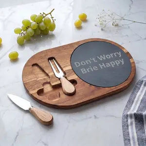 Engraved Wooden Circle Acacia Chopping Board - "Don't Worry Brie Happy" Slate Cheese Set with Kitchen Knives