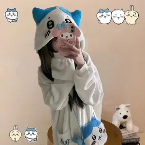 Y2K Kawaii Chiikawa Coral Velvet Hooded Pajamas Girls Hachiware Usagi Women's Velvet Home Clothes Autumn Winter Warm Cute Gift