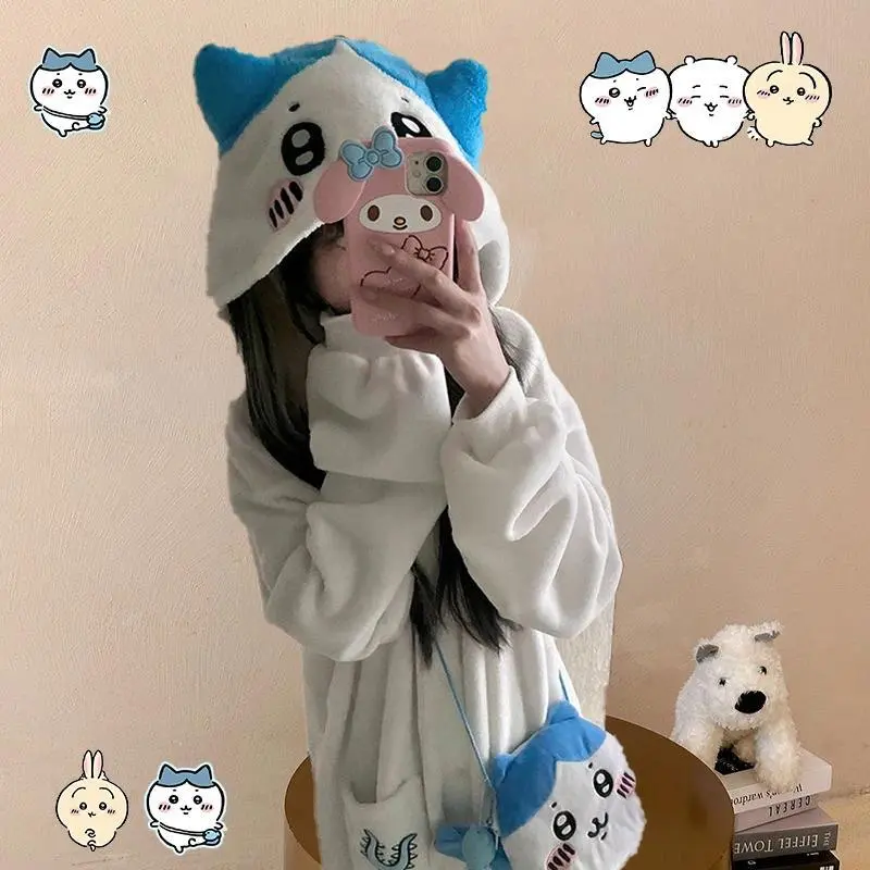 Y2K Kawaii Chiikawa Coral Velvet Hooded Pajamas Girls Hachiware Usagi Women's Velvet Home Clothes Autumn Winter Warm Cute Gift