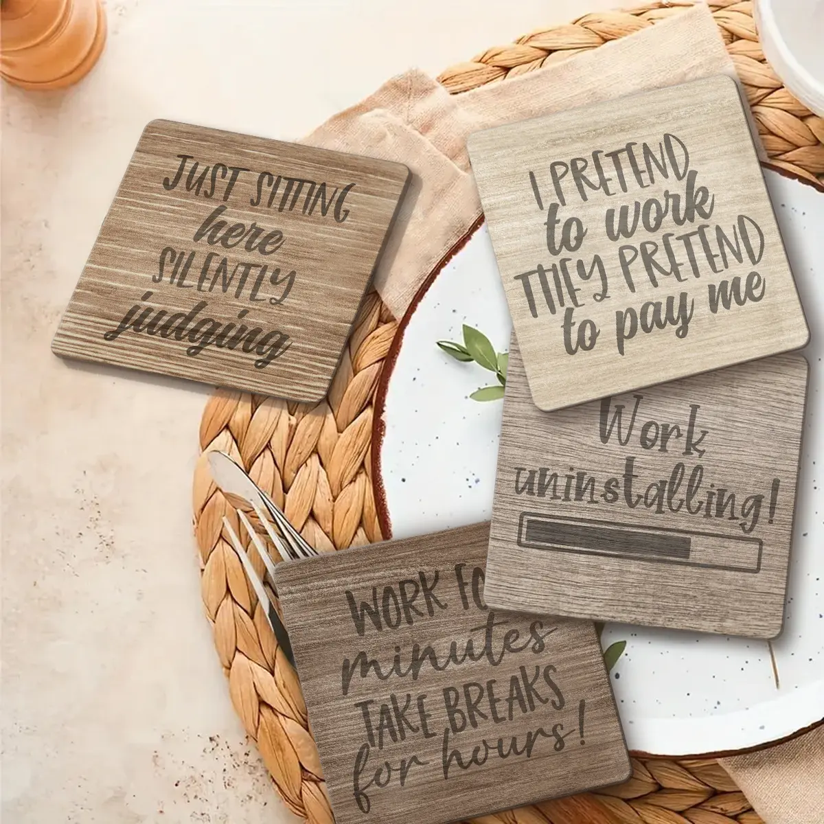 4pcs wooden square pattern coasters set Work Uninstalling Heat insulation, non slip, high temperature resistant, suitable for home, office and theme party gifts