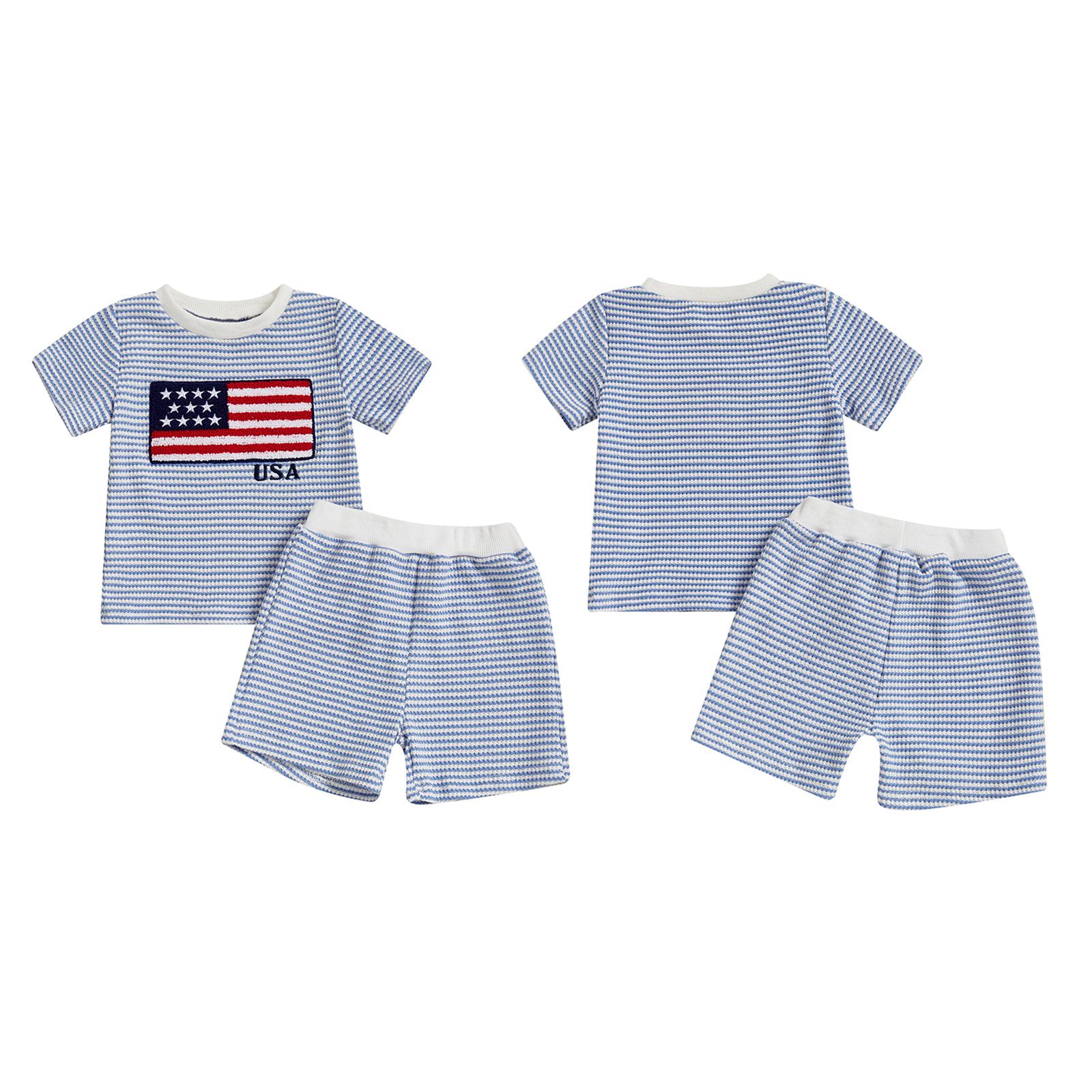 2-piece set of American flag for male infants and young children, waffle knit striped T-shirt and shorts set, patriotic summer casual wear for July 4th (0-4Y)