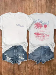 Women's Summer Fit Tee Print | Salty Soul (Palm Tree/Sun/Wave/Surfboard) | Casual Outings/Gatherings | Gift | White