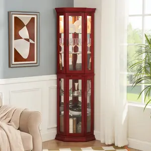 15.35x15.35x69.59 Inch Classical 3-Side Glass Curio Cabinet, Illuminated Corner Display Cabinet with Adjustable Tempered Glass Shelves, Beaded Top Anti-Toppling Tall Storage Cabinet in Cherry Oak Finish